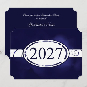 Invitación Botón floral azul y blanco Fiesta de graduación 20