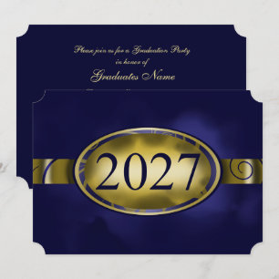 Invitación Botón floral azul y dorado Fiesta de graduación 20