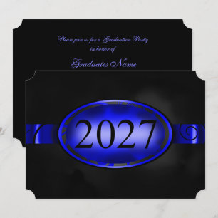 Invitación Botón floral azul y negro Fiesta de graduación 202