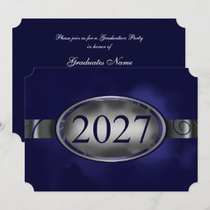 Invitación Botón floral azul y plateado para fiesta de gradua