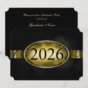 Invitación Botón floral negro y dorado para fiesta de graduac