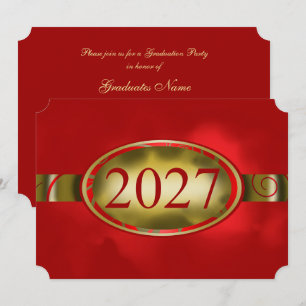 Invitación Botón floral rojo y dorado Fiesta de graduación 20