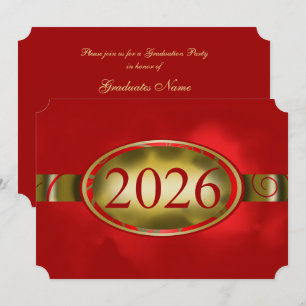Invitación Botón floral rojo y dorado Fiesta de graduación 20