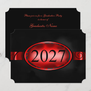 Invitación Botón floral rojo y negro Fiesta de graduación 202