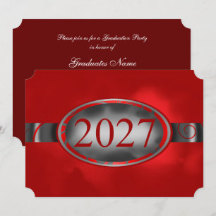 Invitación Botón floral rojo y plateado Fiesta de graduación 