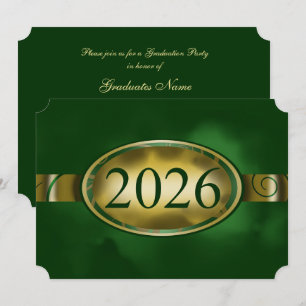 Invitación Botón floral verde y dorado para fiesta de graduac