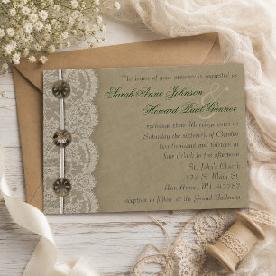 Invitación Botones Antiguos y Encaje Boda Rústica