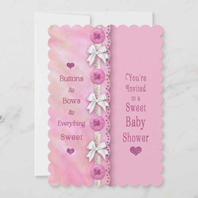 Invitación Botones Baby Shower y arcos niñas bebes rosadas (Anverso)