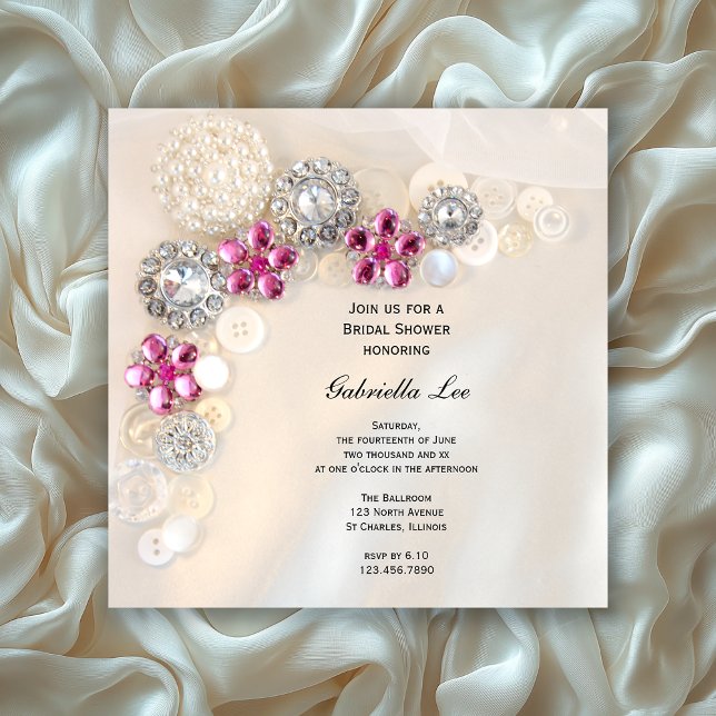 Invitación Botones de diamantes de perla falsa y rosa ducha d (Subido por el creador)