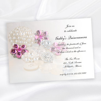 Invitación Botones de diamantes rosados Perlas Quinceañera Fi