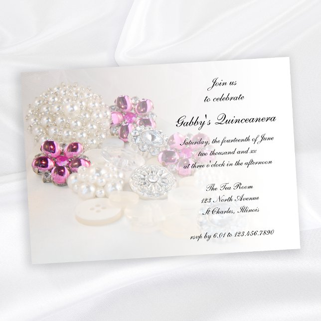 Invitación Botones de diamantes rosados Perlas Quinceañera Fi (Subido por el creador)