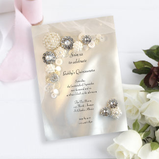 Invitación Botones Faux Pearl y Diamond Quinceañera Fiesta