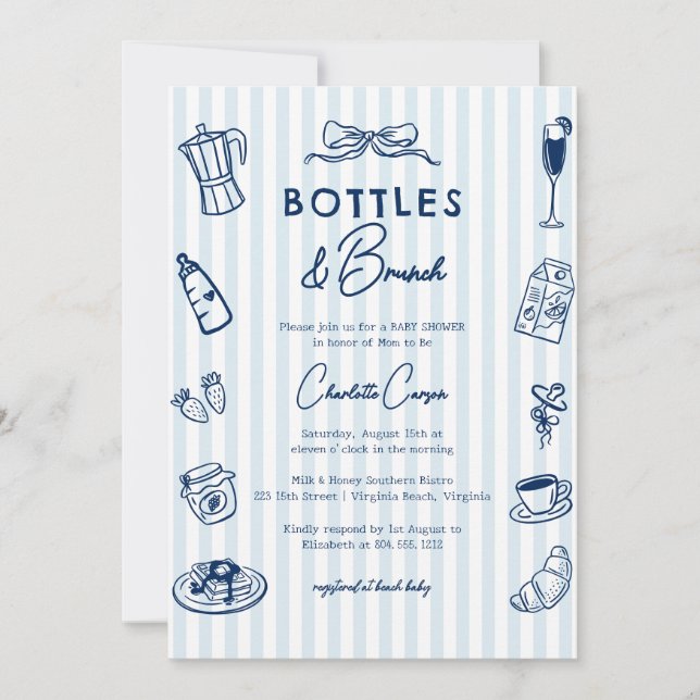 Invitación Bottles and Brunch Doodle Baby Shower Blue Striped (Anverso)