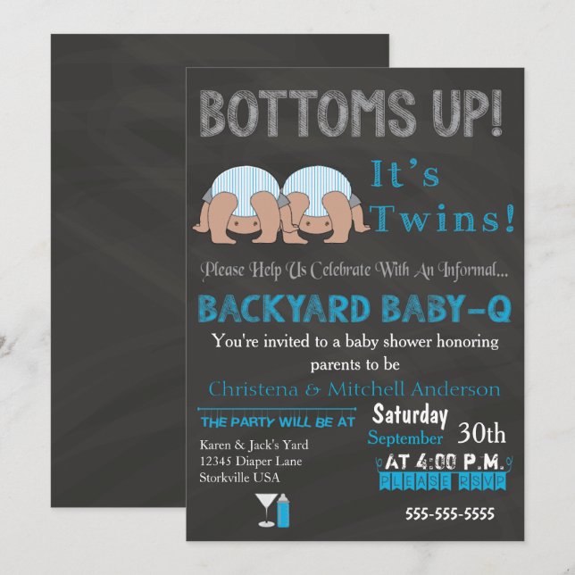 Invitación Bottoms Up Twins Baby-Q Baby Shower (AZUL) (Anverso / Reverso)