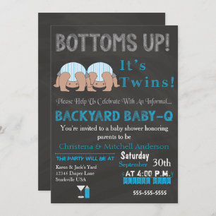 Invitación Bottoms Up Twins Baby-Q Baby Shower (AZUL)