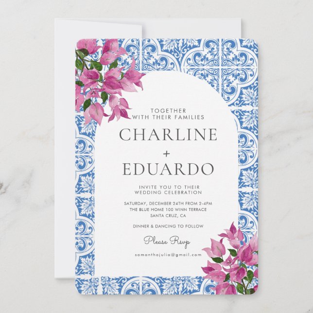 Invitación Bougainvillea Bluetile Boda mediterráneo QR (Anverso)