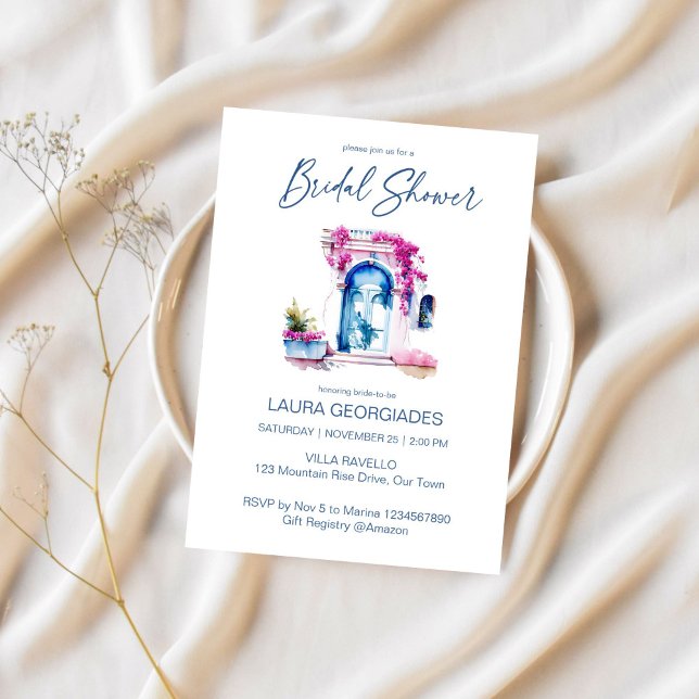 Invitación Bougainvillea ducha de novia de temática mediterrá (Bougainvillea Mediterranean blue themed bridal shower editable template Invitation digital download)