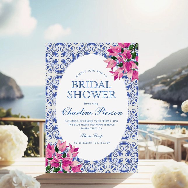 Invitación Bougainvillea MediterraneanBlue tile Bridal Shower (Subido por el creador)