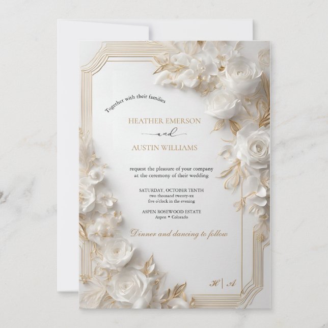Invitación Bougainvillea Oro Verde Boda Art Nouveau Mucha (Anverso)