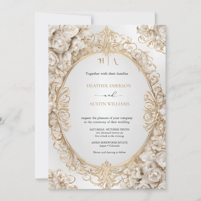 Invitación Bougainvillea Oro Verde Boda Art Nouveau Mucha (Anverso)