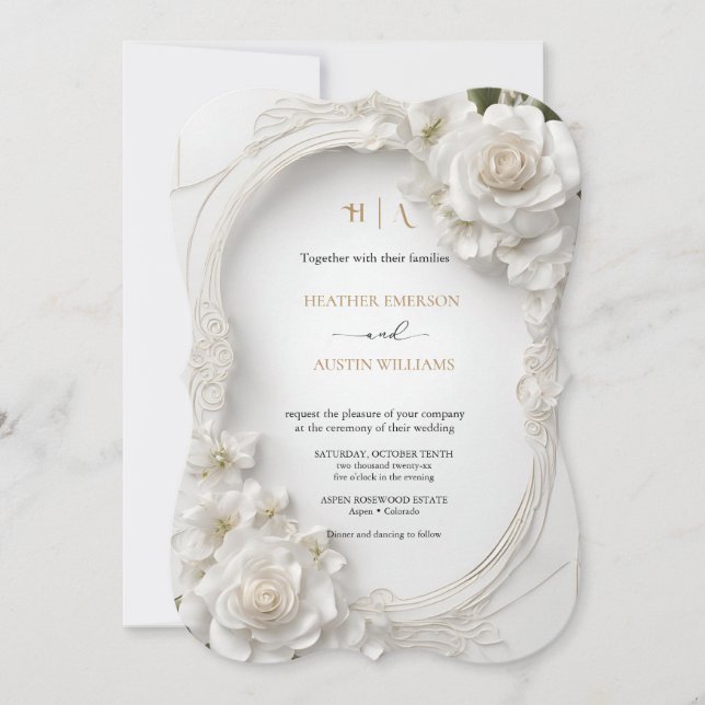 Invitación Bougainvillea Oro Verde Boda Art Nouveau Mucha (Anverso)