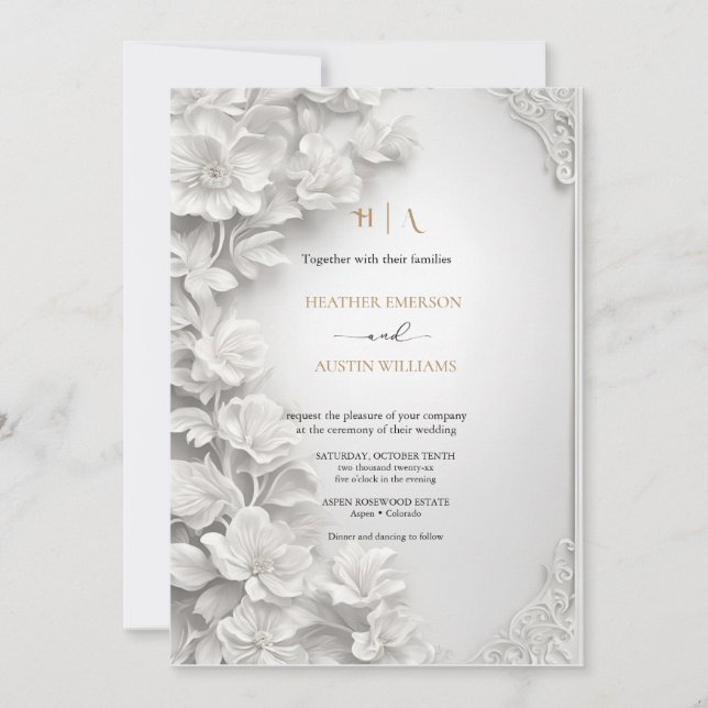 Invitación Bougainvillea Oro Verde Boda Art Nouveau Mucha (Anverso)