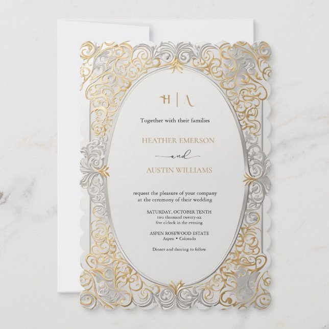 Invitación Bougainvillea Oro Verde Boda Art Nouveau Mucha (Anverso)
