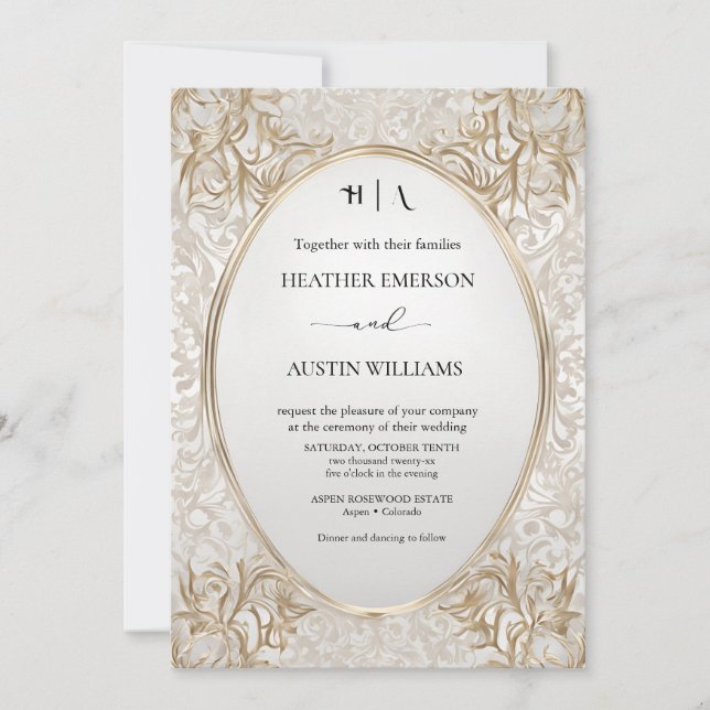 Invitación Bougainvillea Oro Verde Boda Art Nouveau Mucha (Anverso)