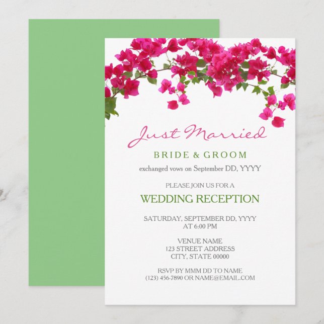 Invitación Bougainvillea recepción tropical se escaparon (Anverso / Reverso)