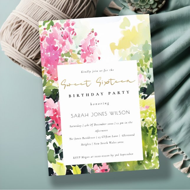 Invitación Bougainvillea Tropical Verde Rosa 16º cumpleaños (Subido por el creador)