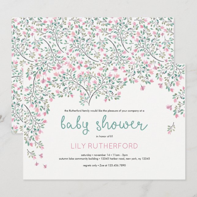 Invitación Bougainvillea Watercolor Baby Shower (Anverso / Reverso)