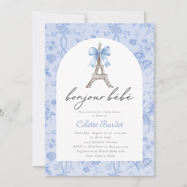 Invitación Boujour Bebe Paris French Toile Blue Baby Shower (Anverso)