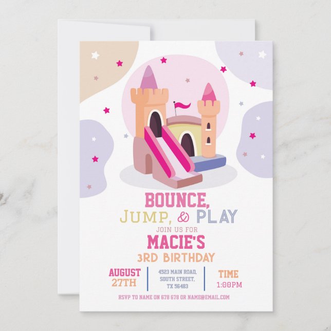 Invitación Bouncy Castle Birday Party Pink Bonza House (Anverso)