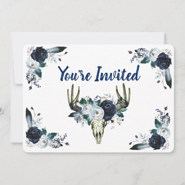 Invitación Bouquet azul marino con cráneo de 5" x 7" invitaci (Anverso)