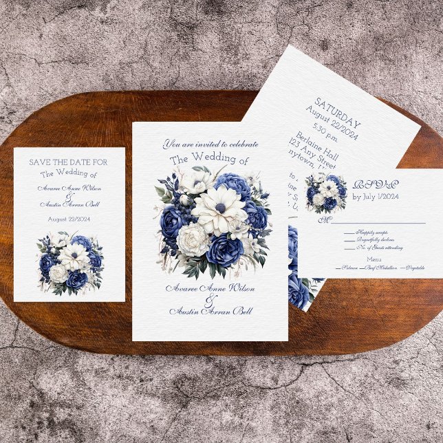 Invitación Bouquet Boda floral azul y blanco (Subido por el creador)