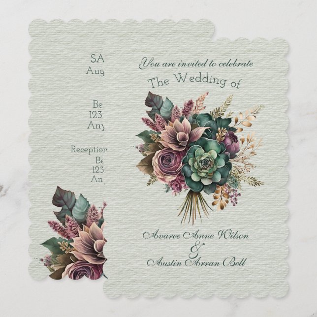 Invitación Bouquet Boda floral verde y borgoñona (Anverso / Reverso)