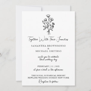 Invitación Bouquet Boho de flores blancas y negras Minimal
