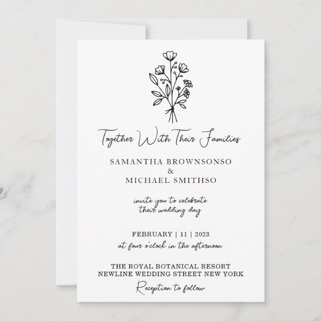 Invitación Bouquet Boho de flores blancas y negras Minimal (Anverso)
