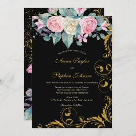 Invitación Bouquet botánico con Purpurina Faux Gold Swirls