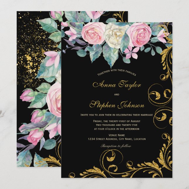 Invitación Bouquet botánico con Purpurina Faux Gold Swirls (Anverso / Reverso)