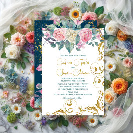 Invitación Bouquet botánico con Purpurina Faux Gold Swirls