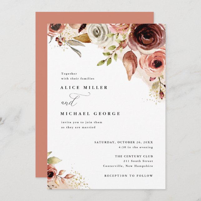 Invitación Bouquet de acuarela floral Boho Boda Earthy (Anverso / Reverso)