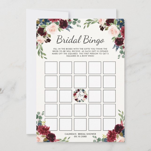 Invitación Bouquet de Borgoña| Juego de Bingo Brillante Showe (Anverso)