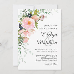 Invitación Bouquet de flores rosadas en Rubor sobre Boda blan
