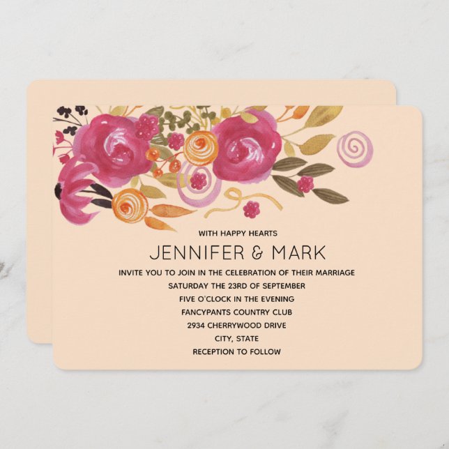 Invitación Bouquet de flores rosadas y Naranjas sobre fondo d (Anverso / Reverso)