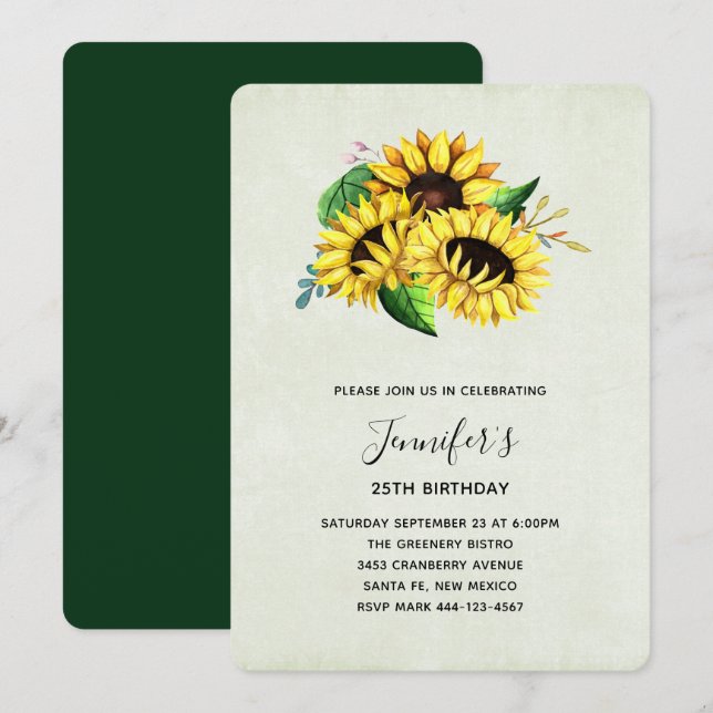Invitación Bouquet de girasol amarillo en acuarela Cumpleaños (Anverso / Reverso)