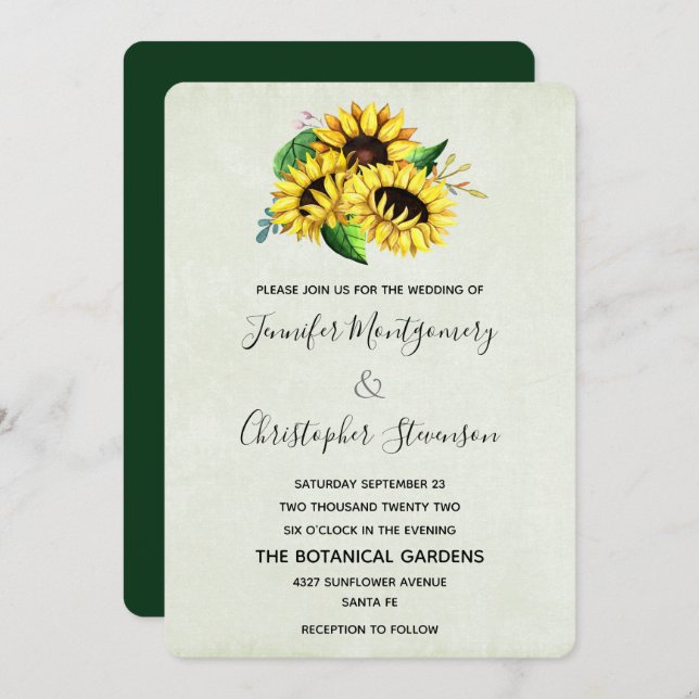 Invitación Bouquet de girasol amarillo en Boda acuarela (Anverso / Reverso)