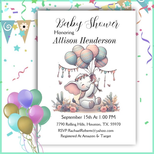 Invitación Bouquet De Globo Y Baby Shower De Elefante Adorabl (Subido por el creador)