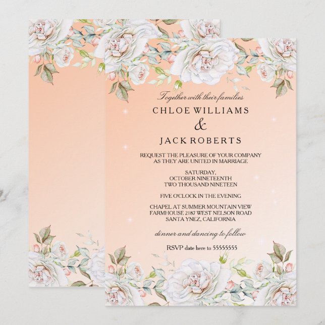 Invitación Bouquet de la rosa del coral rosa blanco boda (Anverso / Reverso)