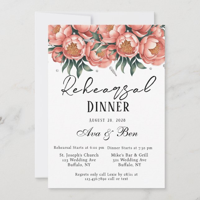 Invitación Bouquet de pastas con diamantes Ensayo de cena (Anverso)